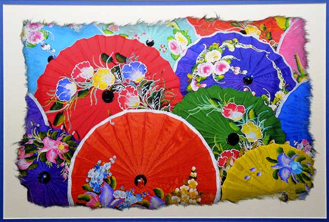 Umbrellas inside a ragged frame