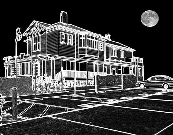 white on black image of historical library