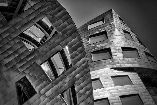 Curved metal panneled facade on building