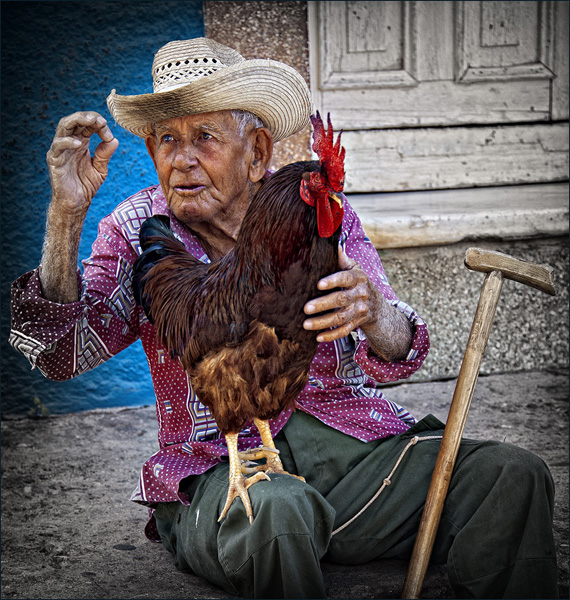 Elderly Cuban Man in  Straw Cowboy Hat Holding a Large Red Rooster