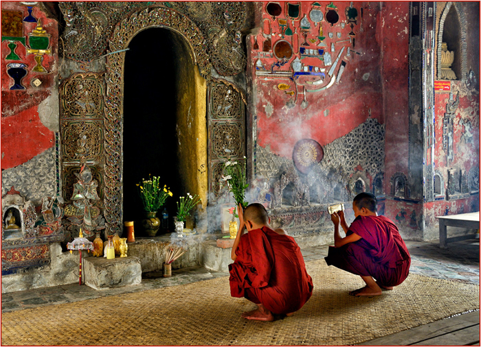 Two Young Buddhist Novices in Red Robes