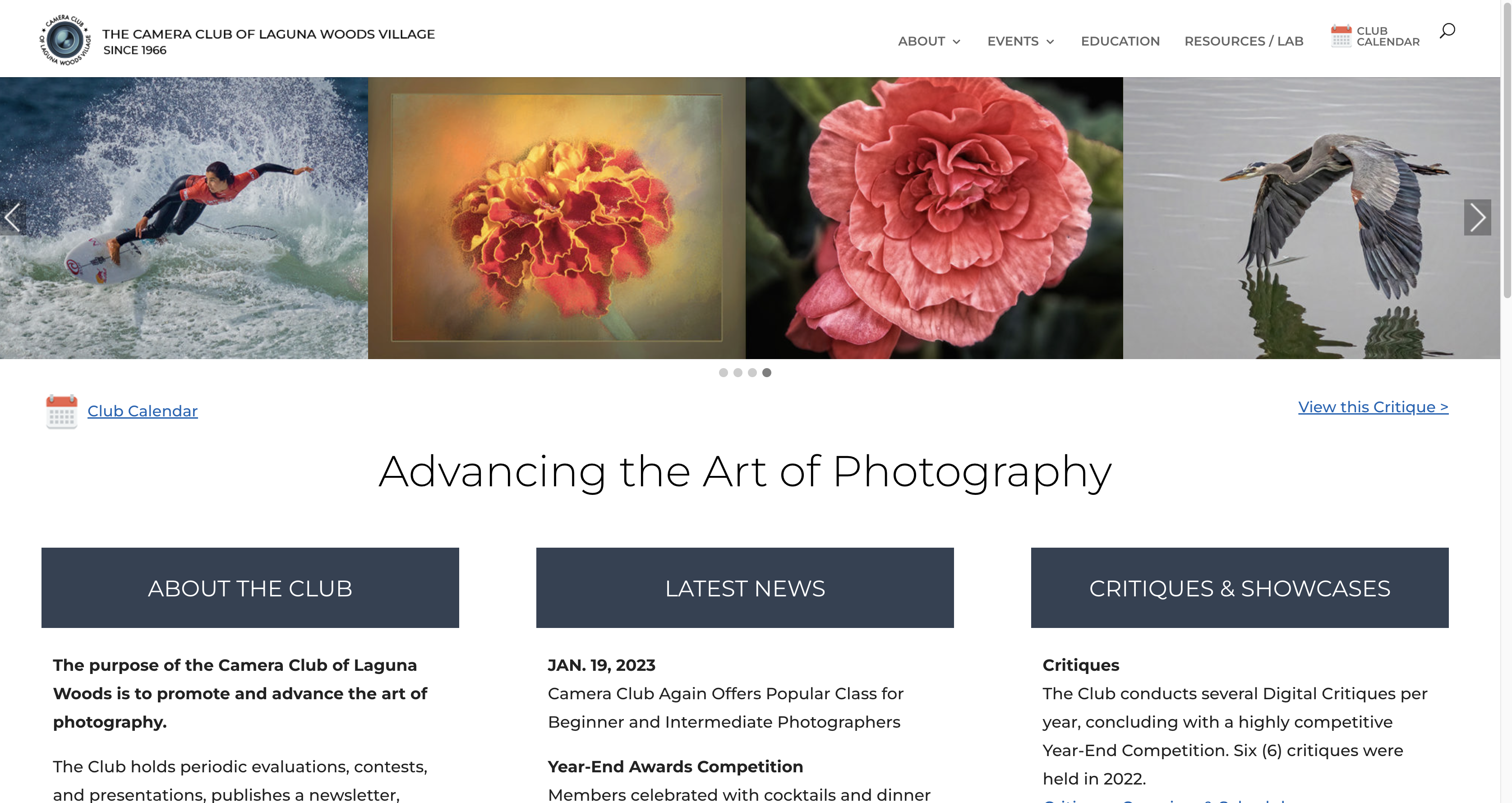 New Camera Club of Laguna Woods website home page screenshot